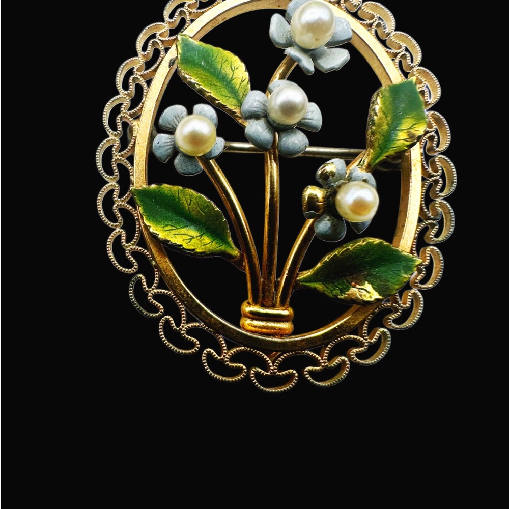 Vintage Krementz Forget Me Not Enamel & Pearl Brooch